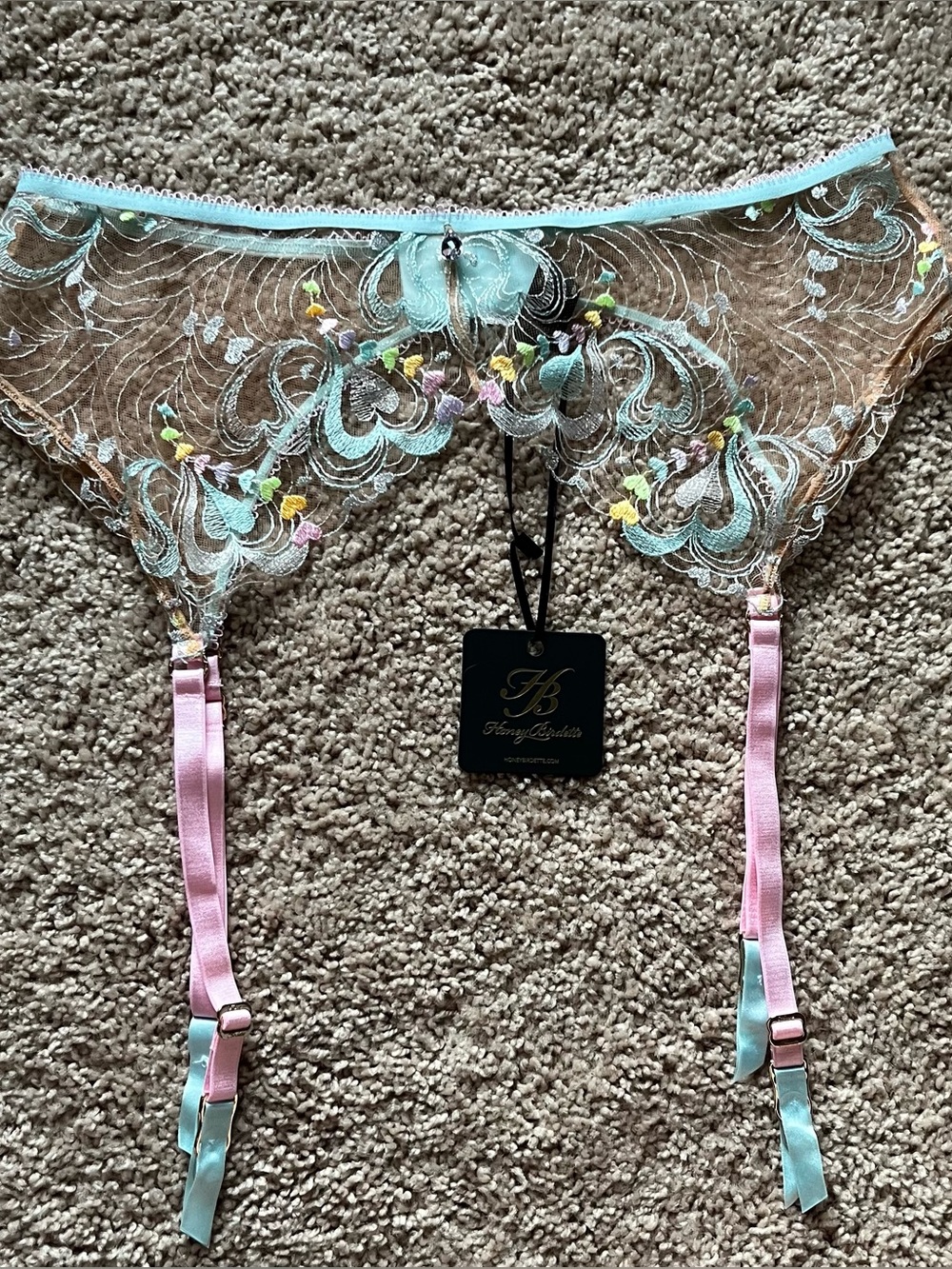 Honey Birdette Candy Aquamarine garter belt